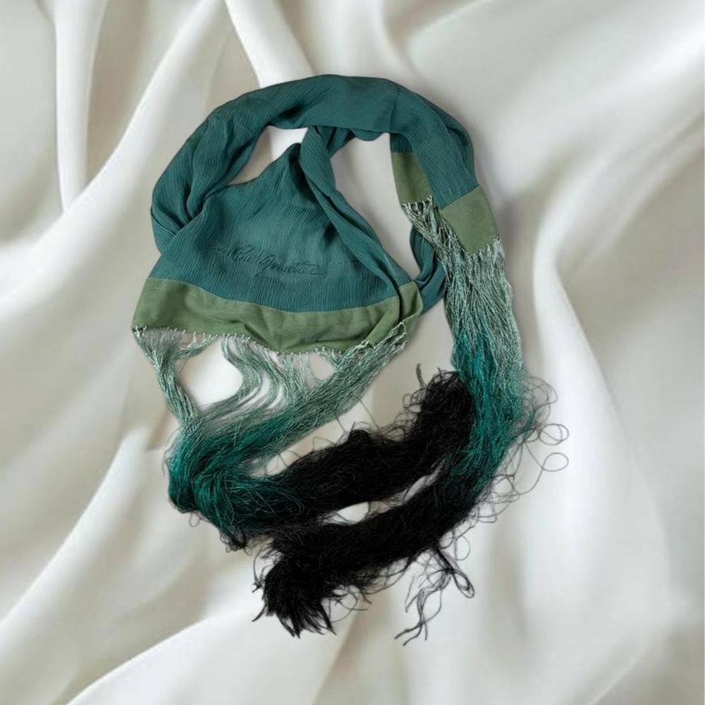 Jean Paul Gaultier Maille 100% silk teal green ombre scarf fringe detail euro